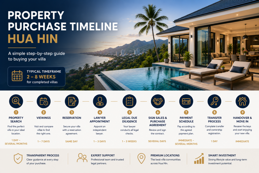 Learn the typical property purchase timeline in Hua Hin, from reservation and legal due diligence to transfer and handover. A complete guide for villa buyers. Sivana Villas.